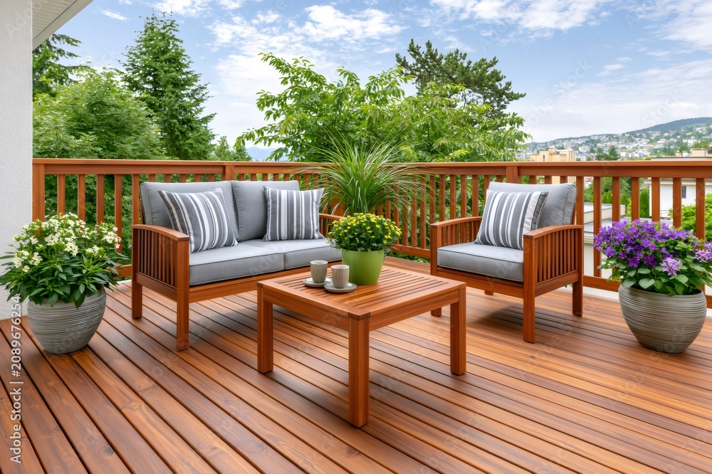 Fototapeta premium Outdoor patio furniture set on wood deck