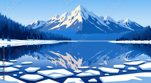 Foto Serene Winter Mountain Lake Vector Illustration Design Featuring Snowy Peaks and