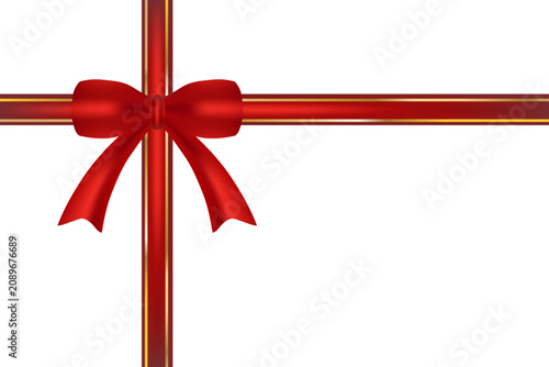 Elegant red ribbon Decorative bow with gold elements arranged as gift wrapping White background Minimal Christmas illustration Holiday horizontal card banner packaging seasonal promotion Copy space