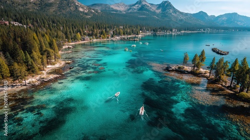 Turquoise Lake Tahoe Waters with Boats and Mountains