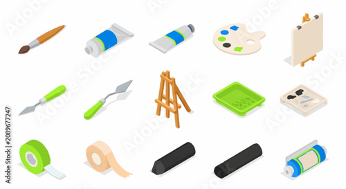Flat lay of colorful art supplies and tools on white background.