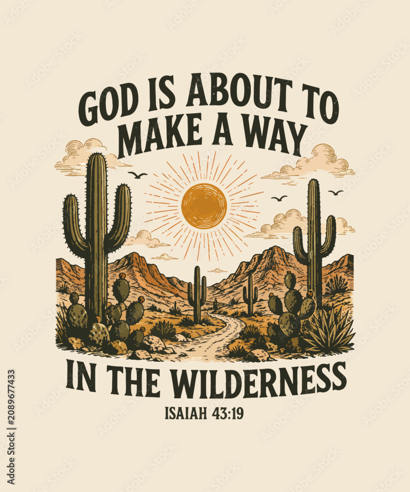 Fototapeta premium God is about to make a way in the wilderness inspirational bible verse quote with cactus desert landscape illustration for t-shirt design and wall art prints tshirt design