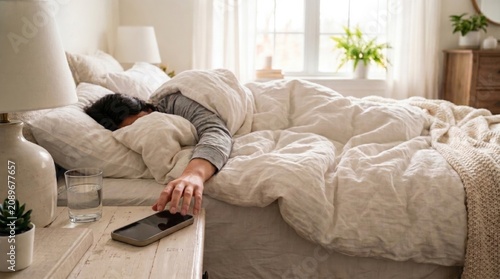 A person lies in bed reaching to turn off an alarm on a smartphone beside a glass of water in a softly lit, cozy bedroom.