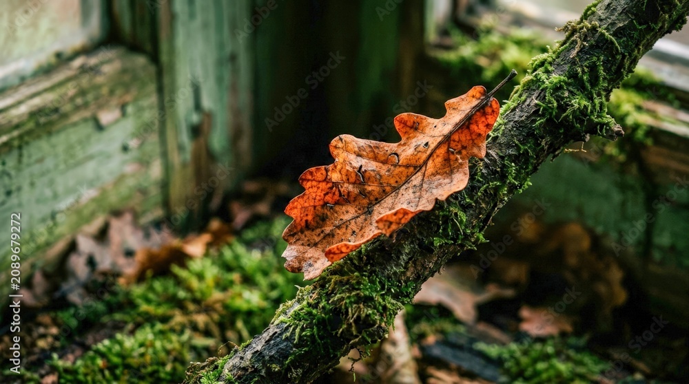 Fototapeta premium Autumn Oak Leaf on Mossy Tree Branch.