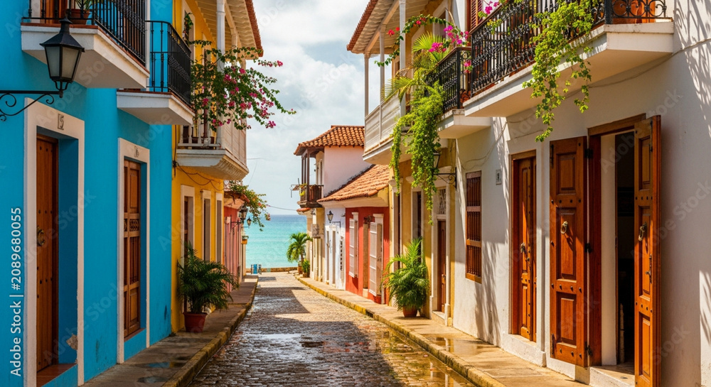 Fototapeta premium Colorful colonial street in a tropical coastal town. Sunlight on wet cobblestones.