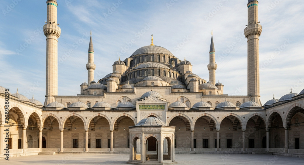 Naklejka premium Grand Ottoman Mosque Courtyard with Minarets and Dome