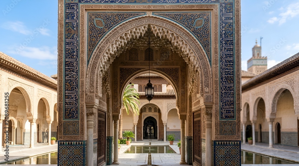 Obraz premium Moorish architecture archway in sunny courtyard with fountain and palm trees