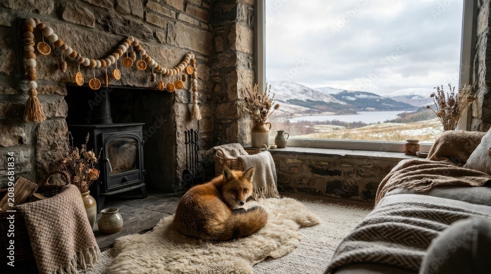 Fototapeta premium Cozy winter scene with a fox resting by a fireplace and a scenic mountain view