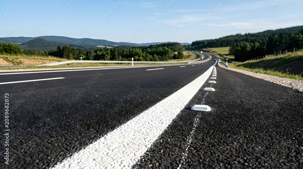Obraz premium Asphalt Road with White Lane Markings Extending into Scenic Countryside under Clear Sky