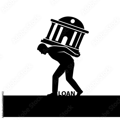 Silhouette of a man carrying a heavy bank building on his back with the word loan written below on a white background, for financial debt