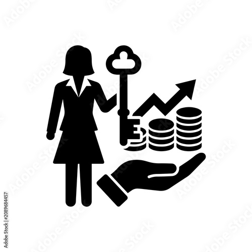 Silhouette of a businesswoman holding a key next to a hand supporting a stack of coins and an upward pointing arrow representing financial gain