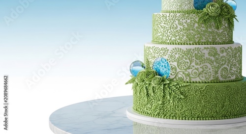 Elegant green tiered celebration cake decorated with blue flowers on a table against a soft sky background, perfect for weddings, birthdays, and special events