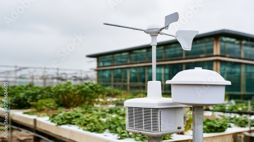 Automated weather station equipment measuring wind speed and direction outdoors