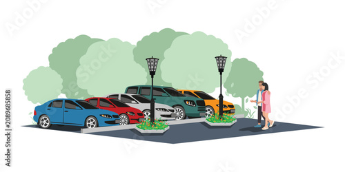 Various cars parked in a parking lot, side view. Parking near a house or store. Car rental and sales. Hand-drawn vector illustration.