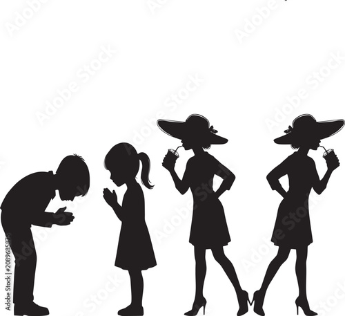 Black silhouette people greeting and fashionable women wearing hats, social lifestyle scene, elegant fashion interaction, creative vector illustration isolated on white background