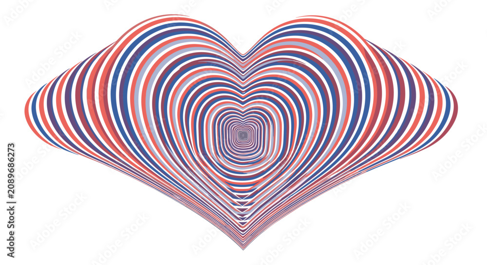 Obraz premium Abstract optical illusion heart shape composed of numerous concentric red white and blue lines on a plain background for romantic designs.