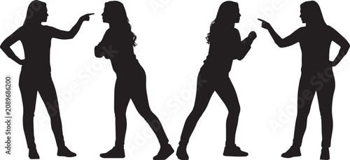 Black silhouette women arguing and discussing, conflict communication concept, female disagreement scene, social interaction, emotional expression vector illustration isolated on white background
