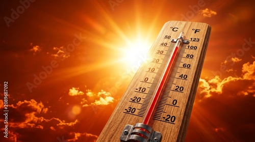 Summer heat wave and global warming concept featuring a thermometer against a hot sky.