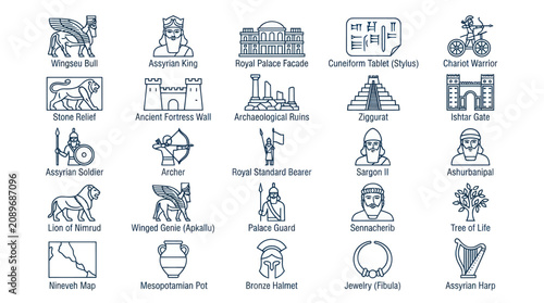 Tableau sur toile Ancient Mesopotamia and Assyrian culture thin line icons.