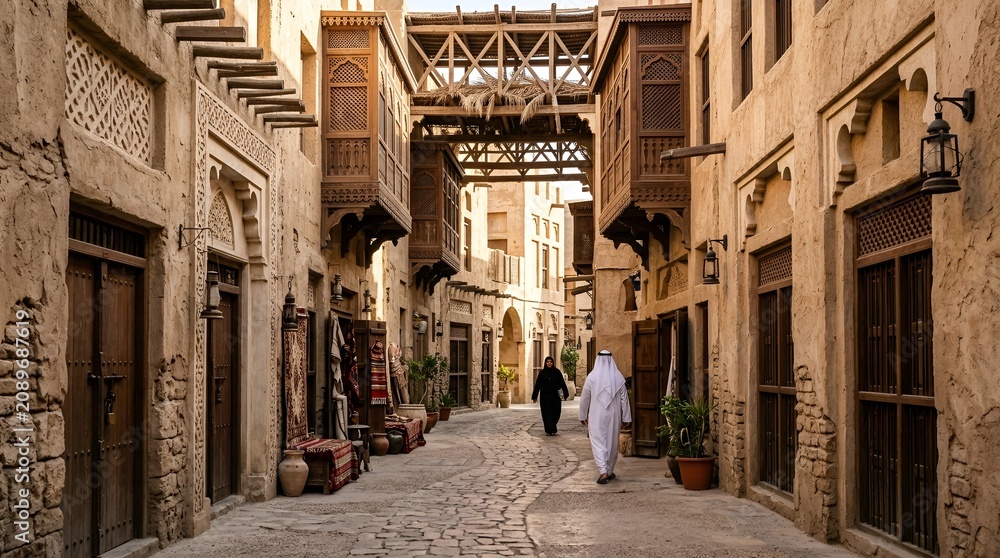 Obraz premium Traditional Middle Eastern Souk Alley with Architectural Details and Figures
