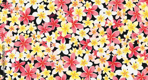 Vibrant tropical pattern featuring a dense arrangement of pink, white, and yellow plumeria flowers on a black background.
