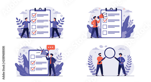 Business task management and quality control scenes showing characters checking items on a large clipboard and using magnifying glasses.