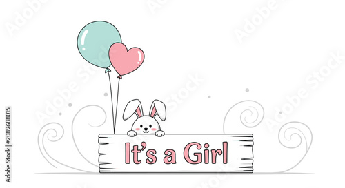 Baby girl birth announcement card featuring a cute white rabbit holding a wooden sign with balloons and soft decorative swirls.