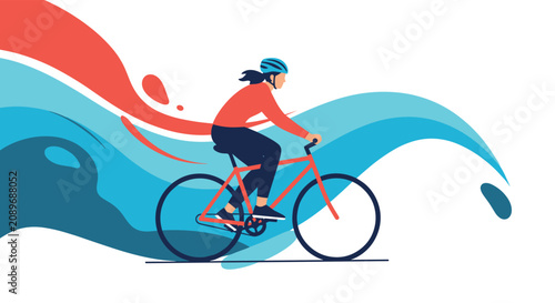 Active woman riding a bicycle against a dynamic abstract background of blue and red waves representing speed, fitness, and energy.