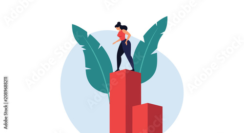 Determined businesswoman standing on top of high red bar charts representing career growth success and reaching professional goals.