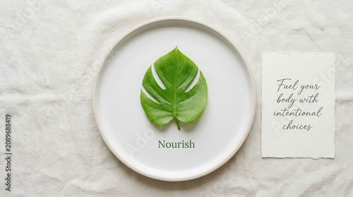 Green leaf on white plate with word nourish