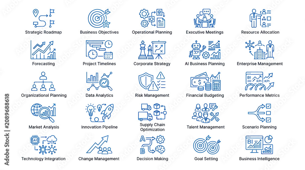 Fototapeta premium Blue strategic business planning and corporate AI icons.