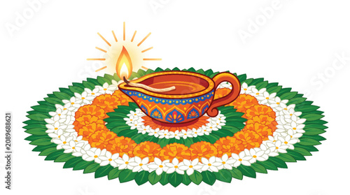 Traditional Indian Diya Lamp on Floral Rangoli Decoration for Festivals
