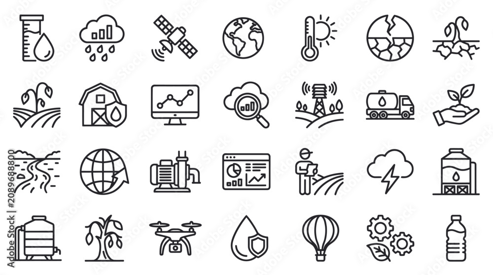 Fototapeta premium Smart farming and agricultural technology line icons.