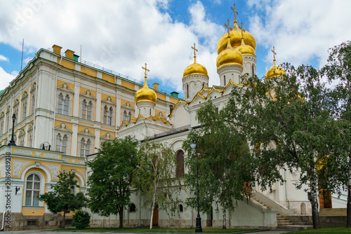 Russian Orthodox church of the Annunciation with golden domes and white walls in Moscow Kremlin. Popular touristic landmark. UNESCO World Heritage Site