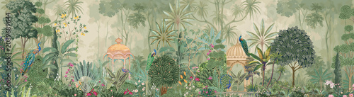 Tableau sur toile Traditional Pichwai style panoramic wallpaper featuring a majestic Mughal garden