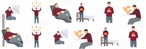 Comprehensive vector set of a businessman or trader experiencing market fluctuations, profit gains, losses, and remote work lifestyle with data analysis and digital devices.