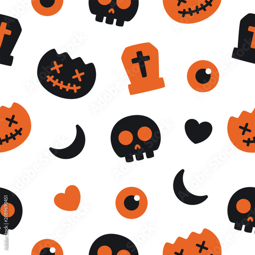 Halloween seamless pattern featuring pumpkins, eyes, and skull on white background perfect for wallpaper, wrapping paper, and packaging paper.