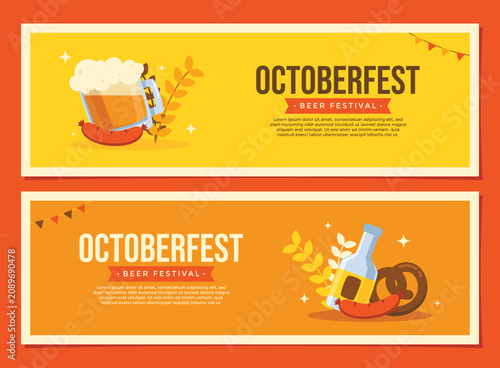 A collection of clean Octoberfest banner illustration featuring beer, sausage, and pretzel on bright red background.