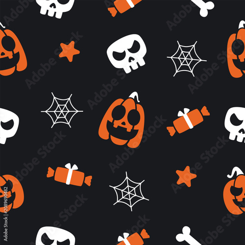 Simple and clean black Halloween seamless pattern illustration with skulls, pumpkins, candies, and cobwebs suitable for wrapping paper, wallpaper, and seasonal projects.