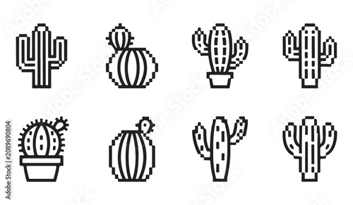 Obraz na płótnie Unique pixel cactus graphics featuring flowering succulents and diverse prickly plant forms