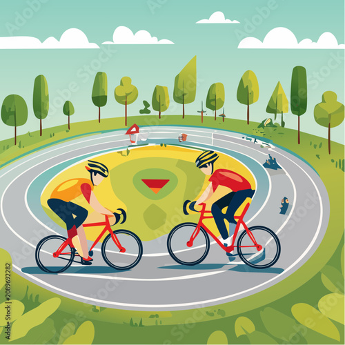 Cyclists riding on a track in a park with trees and grass