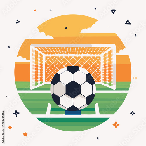 A soccer ball kicks into a goal on a green field during a sports event.