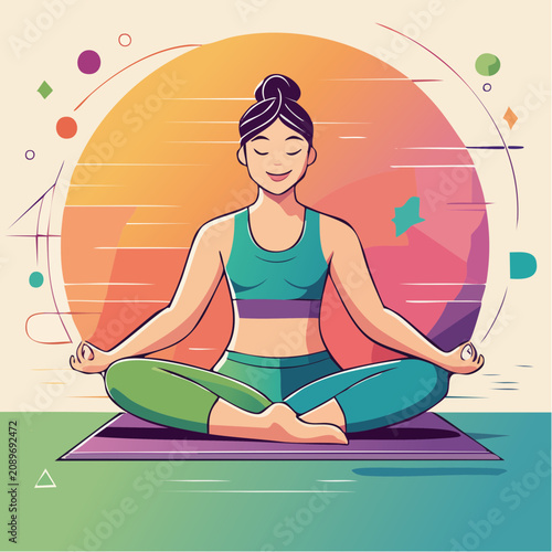 A woman practices yoga on a mat outdoors in a serene environment with vibrant circular designs.