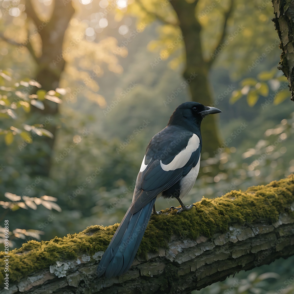 Obraz premium Eurasian Magpie Perched on a Mossy Tree Branch in a Lush Green Forest Setting