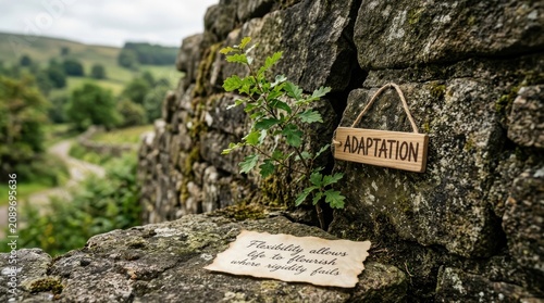 Plant growth with adaptation sign on stone wall