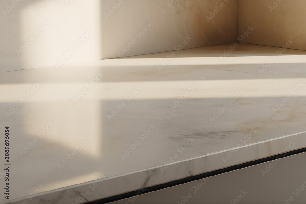 Fototapeta premium Modern marble countertop with warm sunlight shadows, countertop