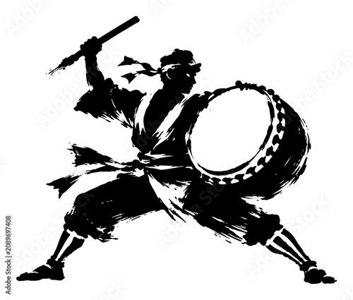 Fotografi Taiko drummer playing traditional Japanese drum in textured ink brushstroke styl