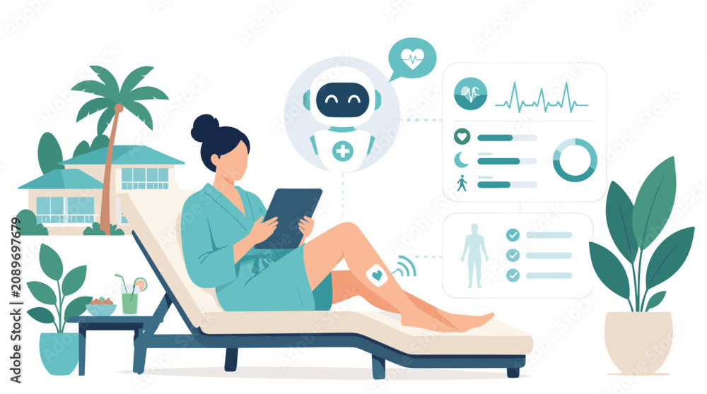 Fototapeta premium Patient resting in hospital bed using digital tablet.