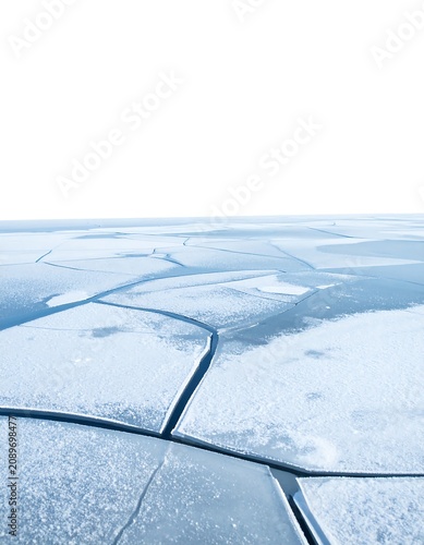 Aerial view of winding river through snowy landscape.