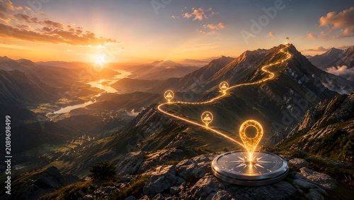Glowing compass base and light path leading to mountain summit flag at sunset depicting business goal achievement and strategic journey